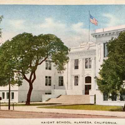 Photo postcard exterior Haight School, 1920s