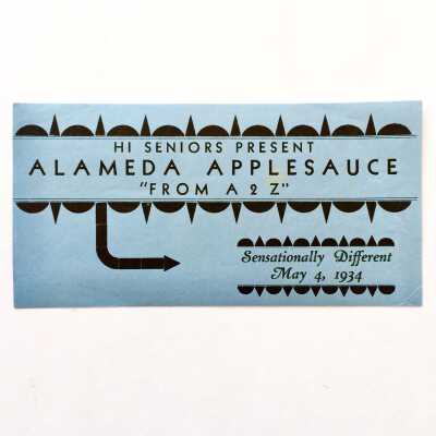 Label announcing Alameda High School senior class presentation, 1934