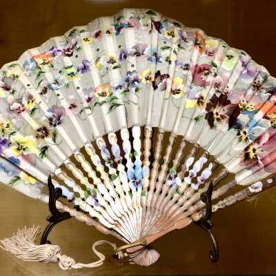 Silk Fan with handpainted pansies and sequins, c. 1900