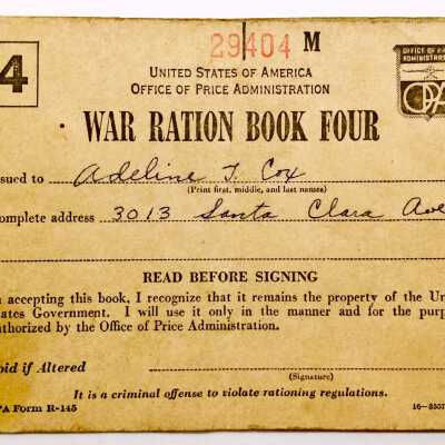 War Ration book four of Adeline T. Cox, c. 1941-1945