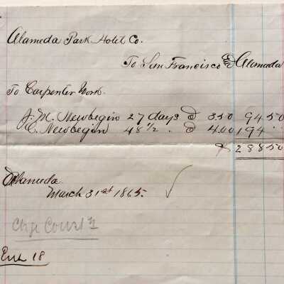 Bill for carpenter work, Park Hotel Co. to S. F. & Alameda Railroad, 1865