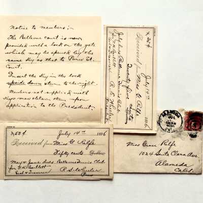 Envelope and receipts regarding the Bellevue Tennis Club, 1896