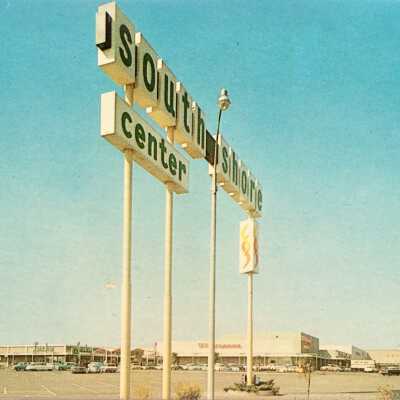 Postcard of the South Shore Center sign, c. 1960s