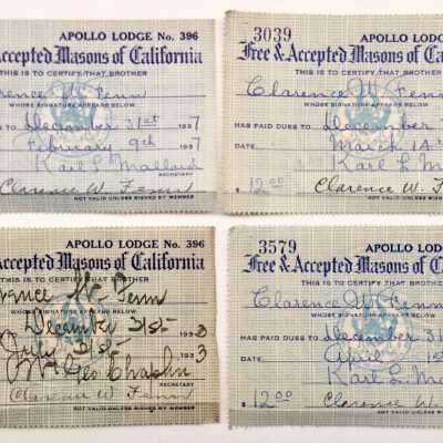 Membership proofs of payment for Apollo Lodge No. 396, Masons, c. 1930s