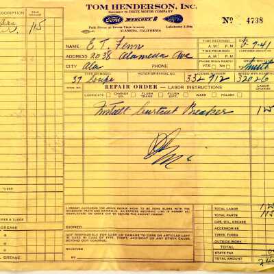Receipt from Tom Henderson Inc., for auto service, 1941