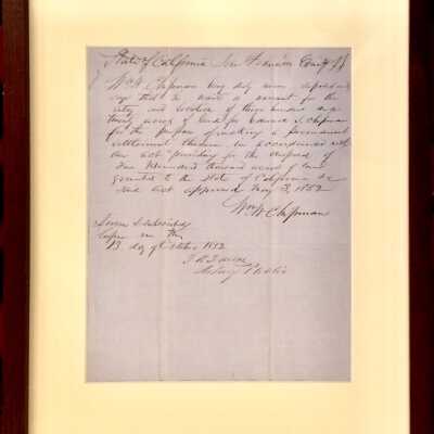 Framed document signed by W. W.Chipman, about settlement of Alameda peninsula, 1852