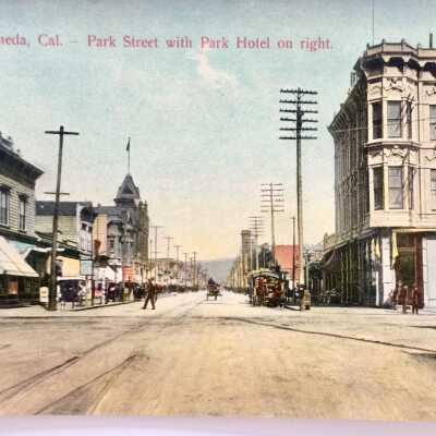 Postcard Park Street with Park Hotel, looking north from Encinal, Early 1900s