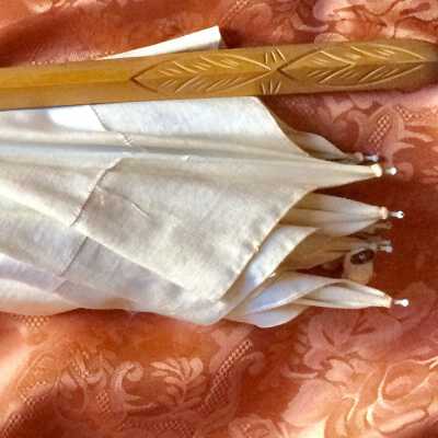 Heavy White Linen Parasol with carved maple handle, c. 1913