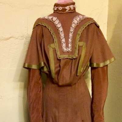 Edwardian wool serge walking dress with green braid