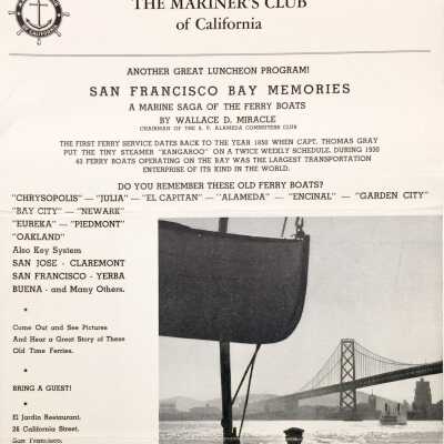 Flyer for Bay Memories talk, Mariner's Club, 1945