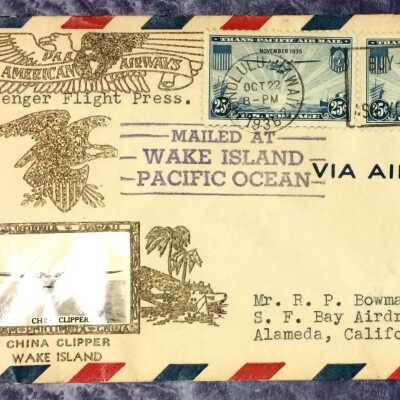 Pan American Airways Air mail envelope sent on first passenger flight from Wake Island to Alameda, 1936