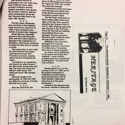 Earthquake! 1868: Alameda Journal, Dec 8-11, Woody Minor, 1868 Earthquake, part 1, p1.