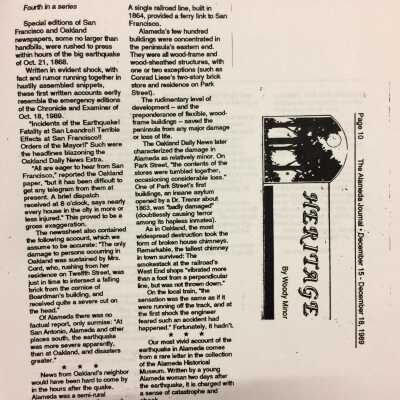 Earthquake! 1868: Alameda Journal, Dec 15-18, Woody Minor, 1868 Earthquake, part 2, p1.
