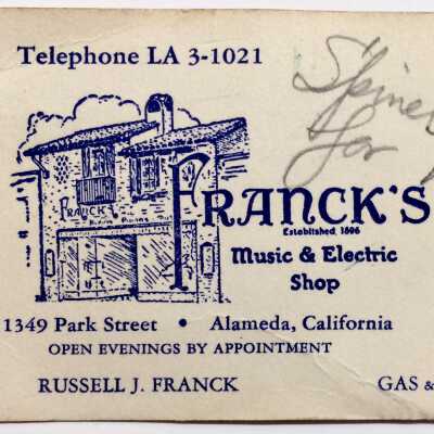 Business card from Franck's Music and Electric Shop, prior to 1971