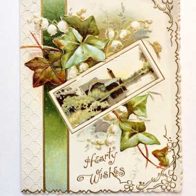 'Hearty Wishes' Greeting Card with pastoral scene and ivy, c. 1900