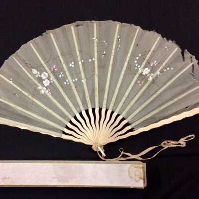 Fan of pale blue gauze with handpainted floral design, c. 1890
