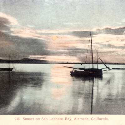 Postcard of boats at Sunset on San Leandro Bay, c. 1912