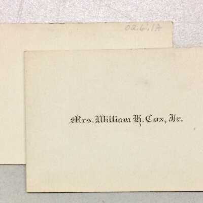Calling cards of Mrs. William H. Cox Jr. (Adelaide Toye Cox).