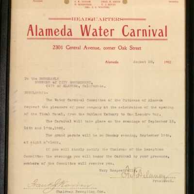 Letter to Board of Trustees, City, request presence during Water Carnival, 1902