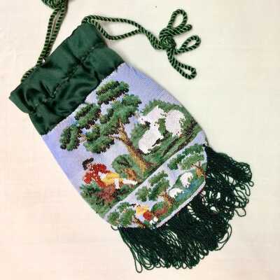 Beaded draw-string purse with design of shepherd and sheep, c. 1870s