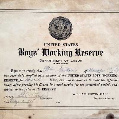 Certificate Member U.S. Boys' Working Reserve, William Nankervis, 1918