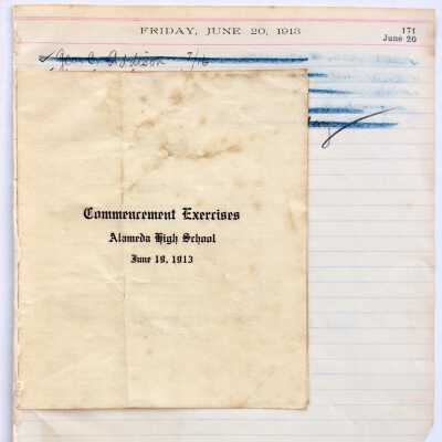Program Commencement Exercise, Alameda High School, & death Dr. Bull, 1913