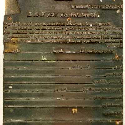 Engraver's plate, membership application Eagles, 1920