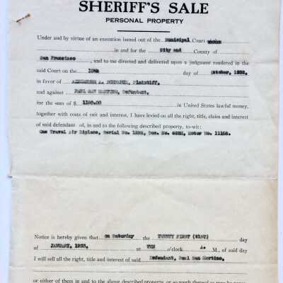 Notice of a Sheriff's sale of a biplane at the San Francisco Bay Airdrome, 1933
