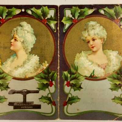 Packet of Sewing Needles with images of ladies surrounded by holly, c. 1900