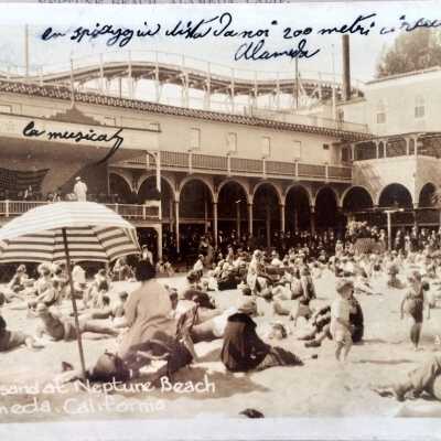 Photo postcard of bandstand and sunbathers, Neptune Beach, c. 1920s