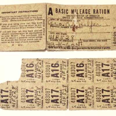 Gas Mileage Ration Book and gas stamps, 1942-1945