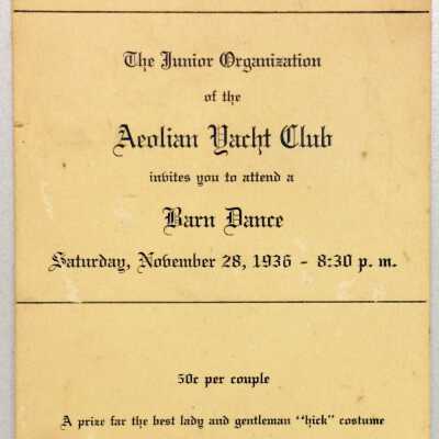 Invitation ticket for a barn dance at the Aeolian Yacht Club, 1936