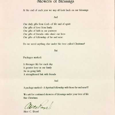 Christmas Wishes and Envelope from Alice Royal to Ida Clinton and sister, 1988