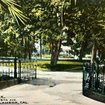 Postcard of the fence of McKinley Park and Judge Waymire Mansion, c. early 1900s