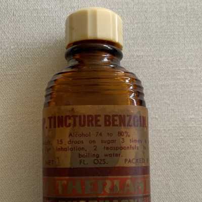 Benzoin Tincture medicine bottle from the Sutherland Pharmacy, c. 1950s