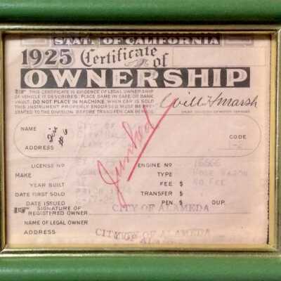Ownership Certificate Moreland 1917 Hose Wagon, 1925