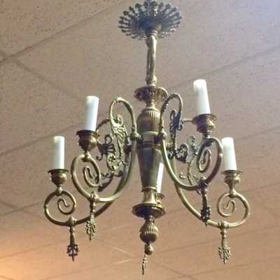 Five Branch Cast Brass Chandelier from the Garratt Mansion, c. 1893