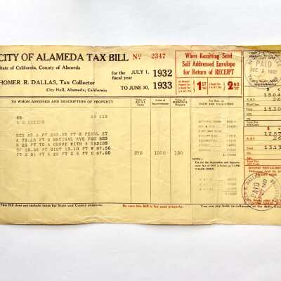 Alameda City Propety Tax Receipt, 1307 Wayne Court, 1932-1933