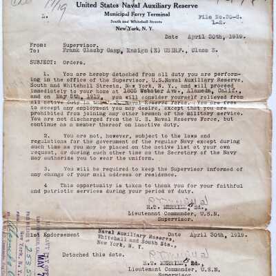 Form letter of detachment to Frank G. Camp, 1919