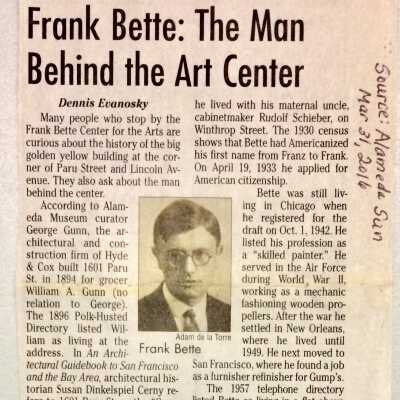 Clipping 'Frank Bette: The Man Behind the Art Center' by D. Evanosky, 2016