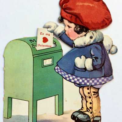 Mechanical paper valentine of a girl mailing a valentine, c. 1920s