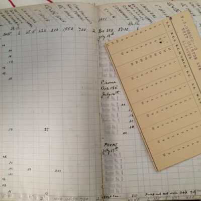 Sample inside pages: With loose card from F.J. Osgood, 2217 Clinton Ave. (with calculations on reverse in pencil). 