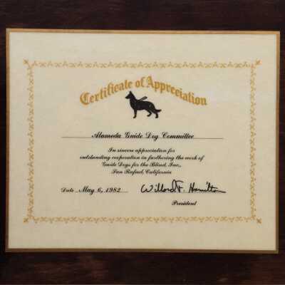 Plaque with plasticized Certificate for the Guide Dog for the Blind Committee, 1982