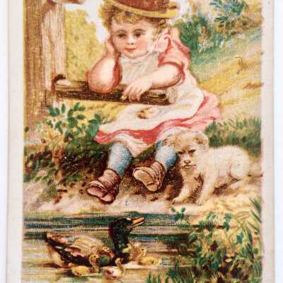 Greeting Card depicting a child and a puppy, 1882