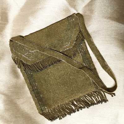 White, leather lined, gold and Silver metallic beaded purse with fringe, 1915-1920