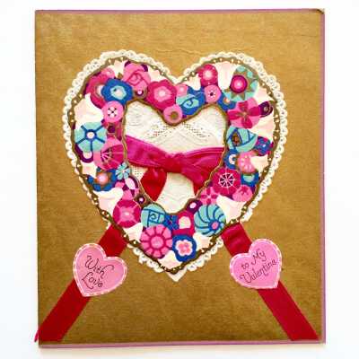 Booklet-style valentine with heart, lace, and silk ribbon, c. 1930