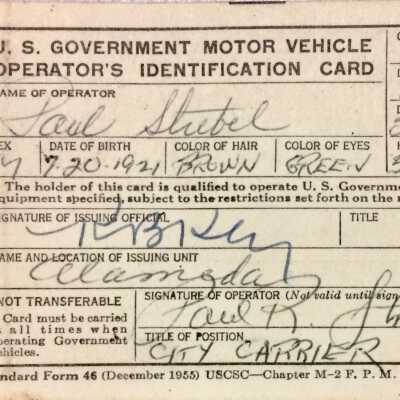 US Government Vehicle Operator's ID card, issued to Paul Strebel, 1959