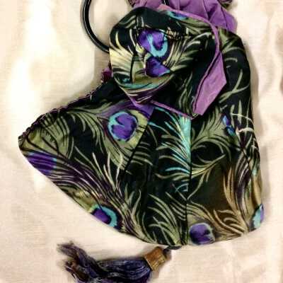 Patterned silk purse with iridescent peacock feathers, c. 1920s