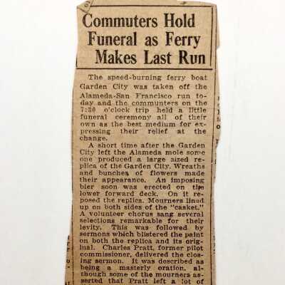 Newspaper clipping about mock funeral of replica Ferry Boat Garden City, 1939