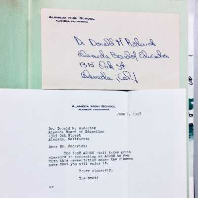 Alameda High School Yearbook 'Acorn' and letter, 1958